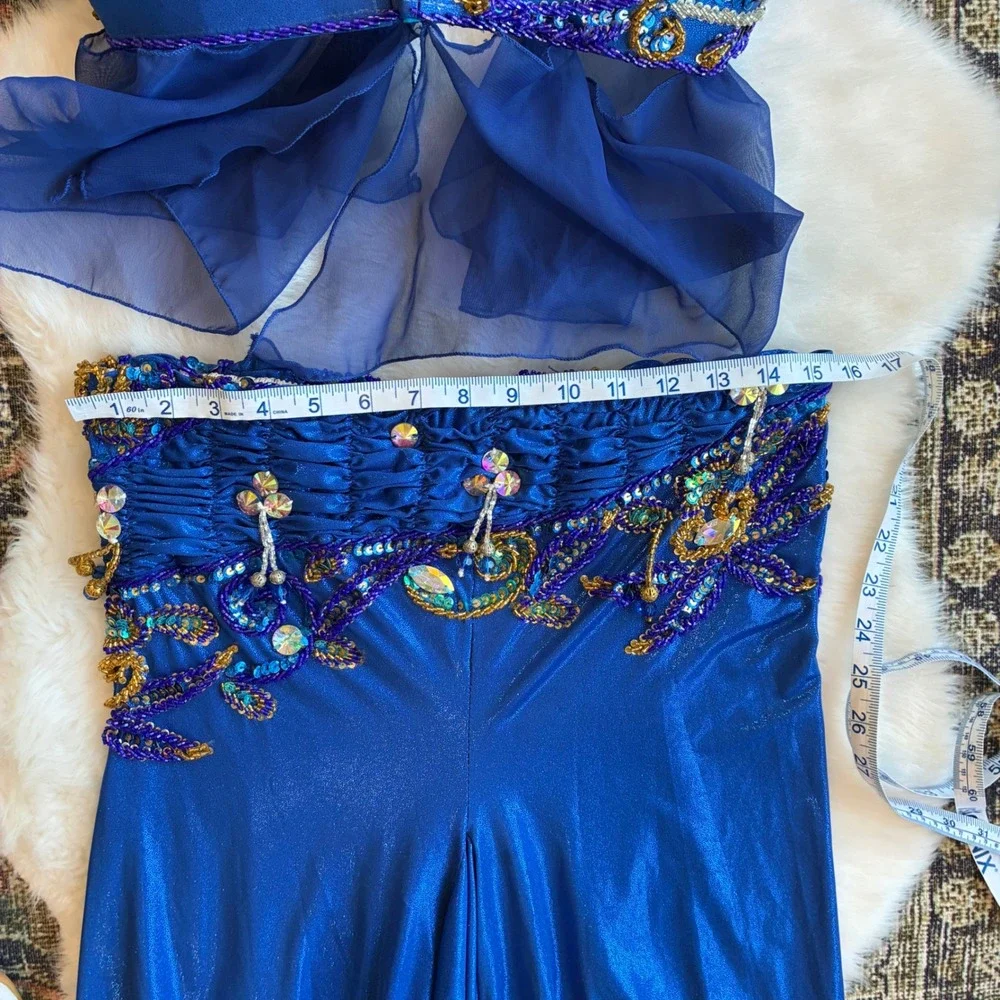 Hand Beaded Bedlah Blue Belly Dancing Costume Set Bra Top and Harem Pants